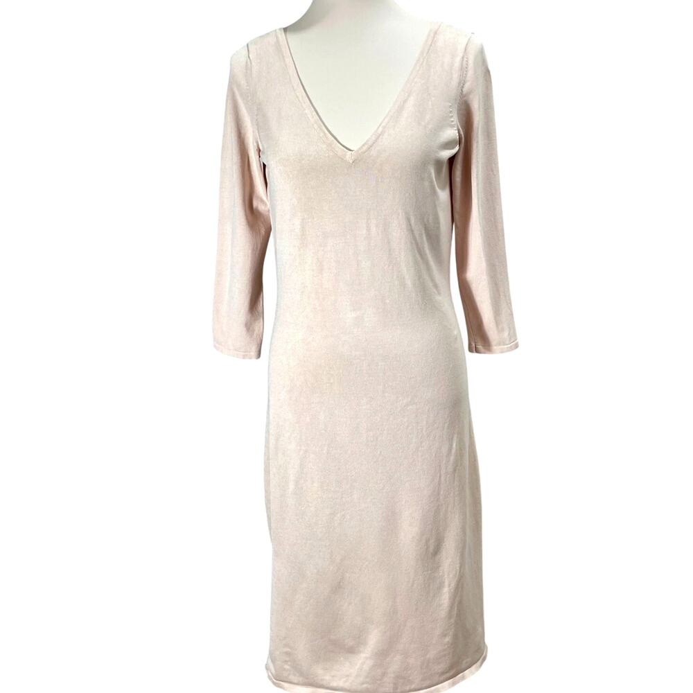 Lauren Ralph Lauren Knit Midi Dress Light Pink Bodycon 3/4 Sleeves V-neck Small
